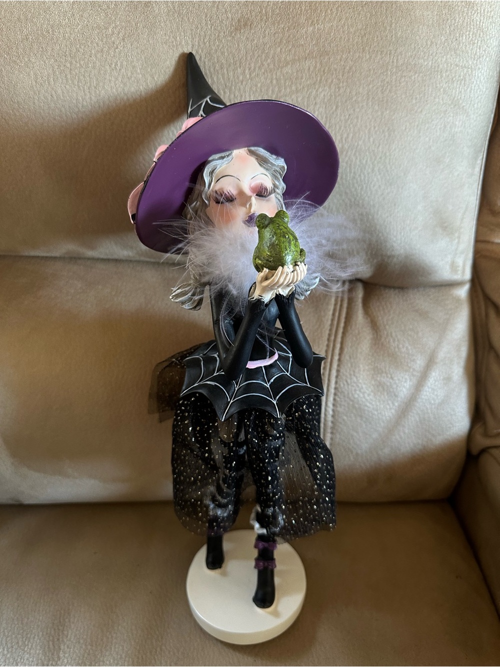 Whimsical Pink & Black Halloween Witch Figurine Kissing Frog. Viral Tik Tok Rare